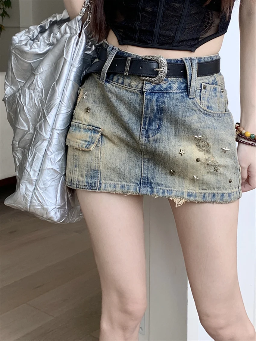 

Мини-юбка женская джинсовая трапециевидная без пояса, с заниженной талией