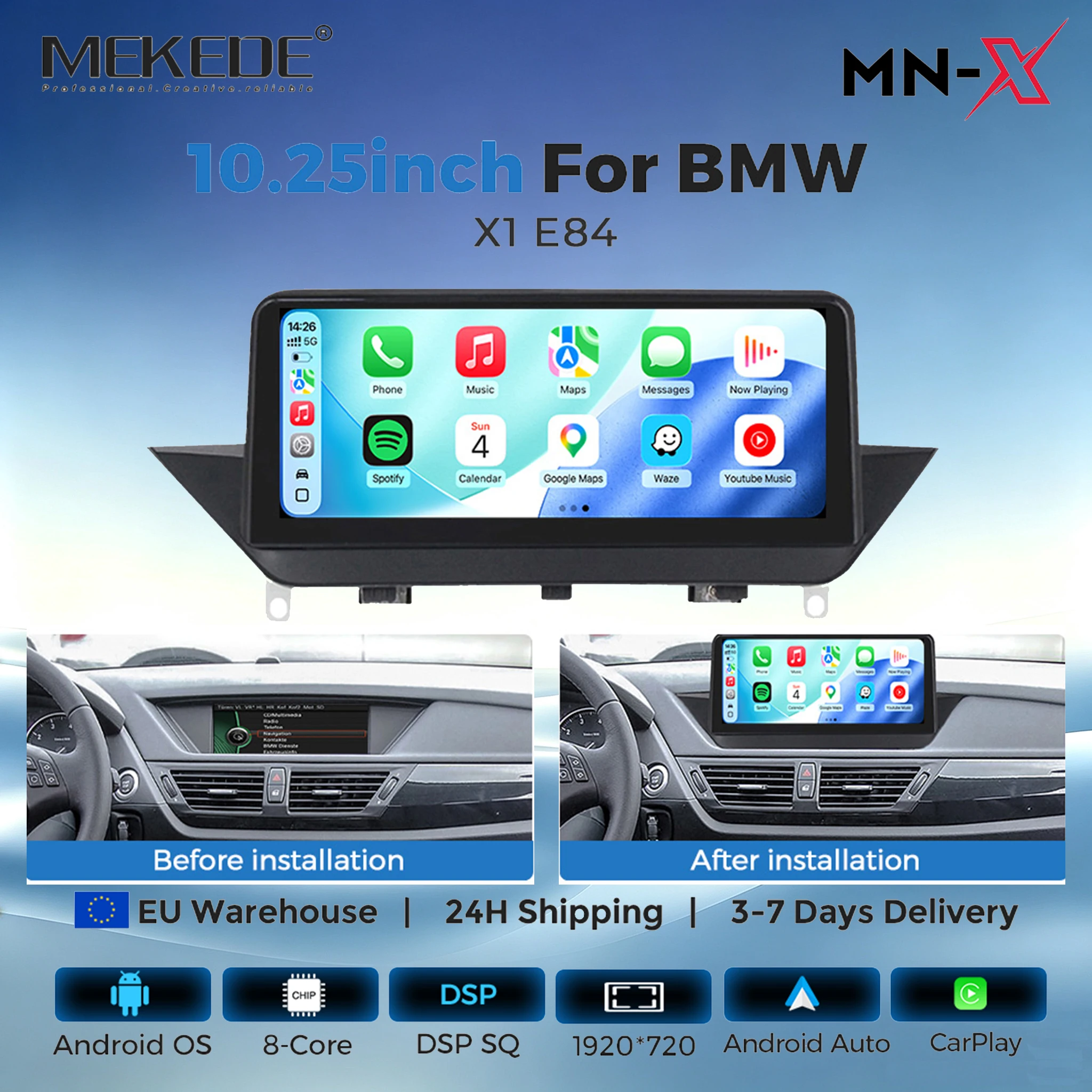 MEKEDE 6G 128GB, Reproductor Multimedia Inalámbrico para Auto con Carplay y Android Auto, Pantalla de 10.25 Pulgadas 1920*720, para BMW X1 E84 2009-2015, Sistema iDrive CIC, Radio para Auto, GPS, Navegación, BT, 4G, SIM, Wifi, 2 DIN, Reproductor de Video, Estéreo, Audio, FM, AM, SWC, Control del Volante 1