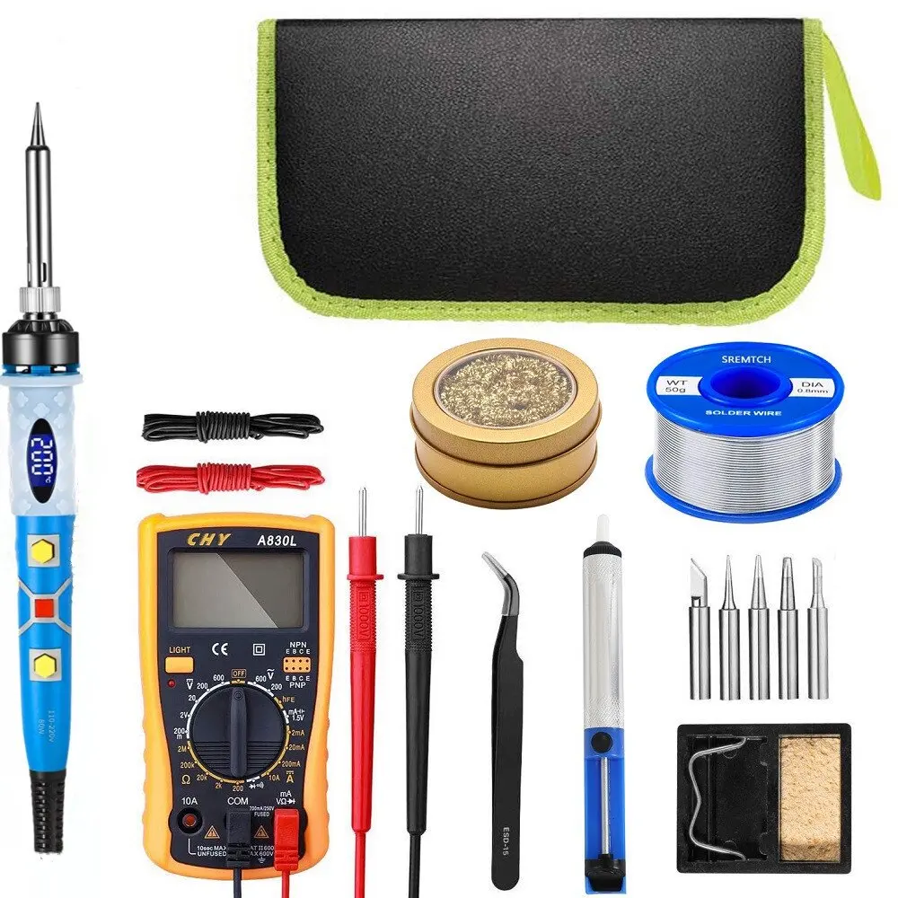 15pc/set Soldering Iron Kit 80W 220/110V Adjustable Temperature Electric Soldering Iron Desoldering Pump With Digital Multimeter