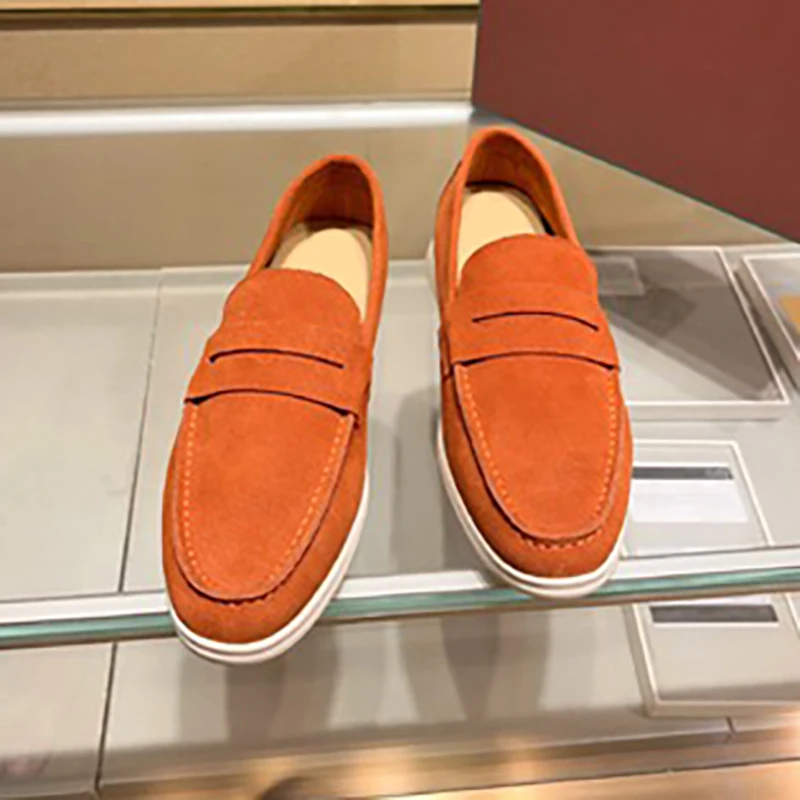 

Summer Fashion Orange-Red Color Casual Flat Bottom Loafers Men And Women Solid Color Round Toe Patchwork Shallow Mouth Shoes