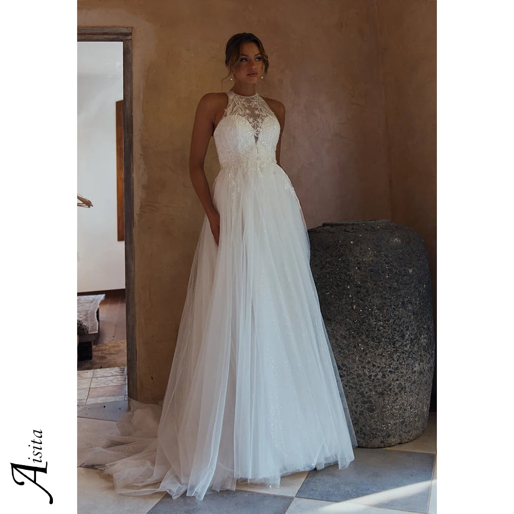 

Glitter A-line Wedding Dress Sweetheart Womens Dresses Beaded High Sheer Lace Neck Elegant and Pretty Women's Dresses Vestido
