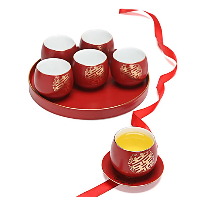 Chinese Red Wedding Ceramic Teacup Tea bowl Double Happiness Porcelain Coffee mugs Wine Cups Drinkware Supplies