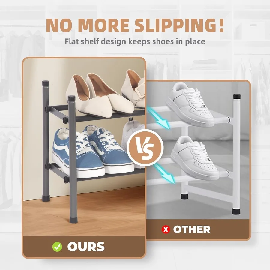 Expandable Shoe Rack 8 Pairs Stackable Small Shoe Rack Metal Adjustable Shoes Organizer for Closet Entryway Hallway Garage Fron