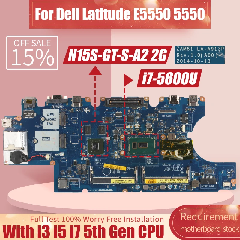 Placa-mãe Portátil para Dell Latitude E5550 La-a911p La-a913p 0h89gr 0m5hv7 0w4ctj 0dwvyv 099nch 0mtn7p Notebook Mainboard