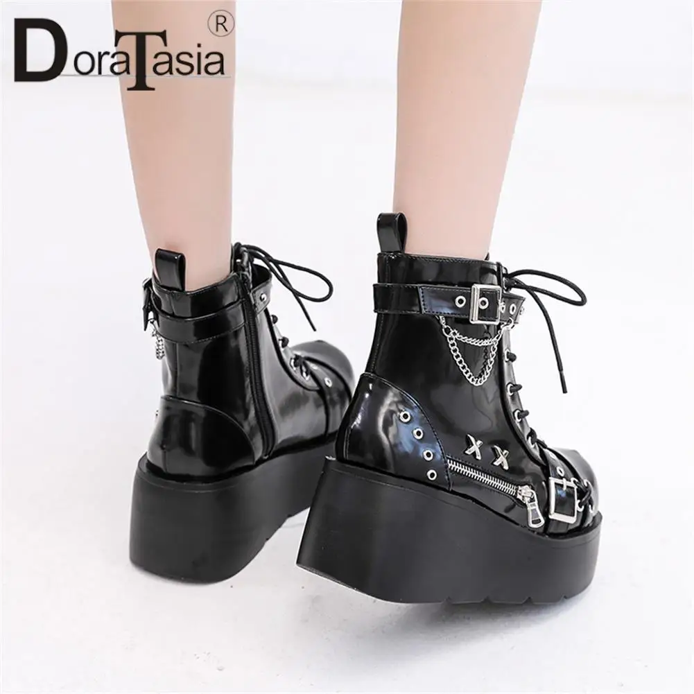 Bottes Plates Gothiques Pour Femme à Plateforme - Cuir PU Avec Rivets Et Lacets - Talon 8cm - Fermeture Latérale Zip - Style Punk - 6