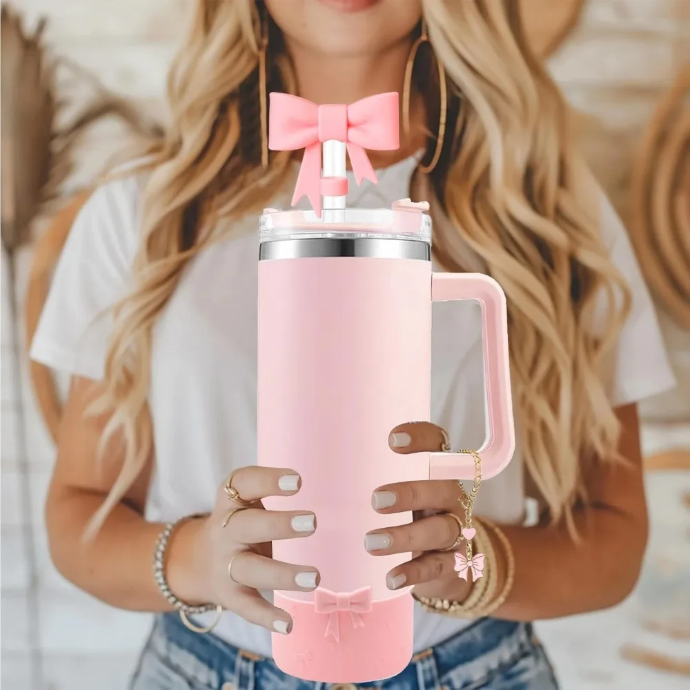 Pink Straw Cover Cap For Stanley Cup, 6pcs Silicone Flower
