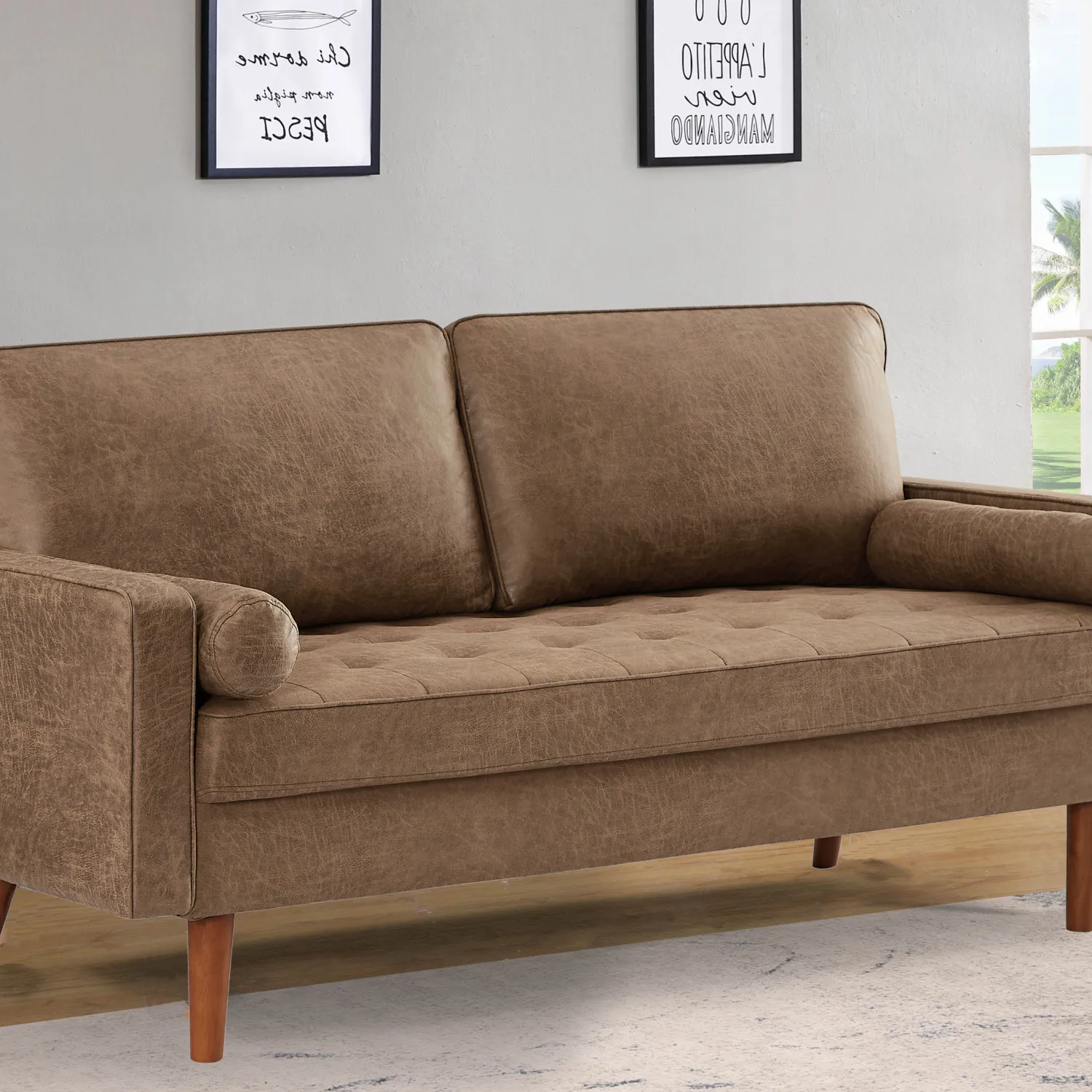 

Comfy Mid Century Modern Sofa with Button Tufted Seat Cushion, Track Armrest and 2 Bolster Pillows - Perfect for Living Room, Do