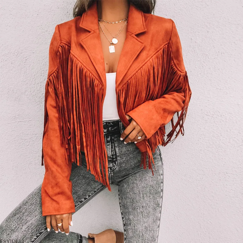 

Faux Leather Tassel Hipster Short Jackets Women Autumn Winter 2023 Solid Turn Down Collar Long Sleeves Casual Coats Streetwear