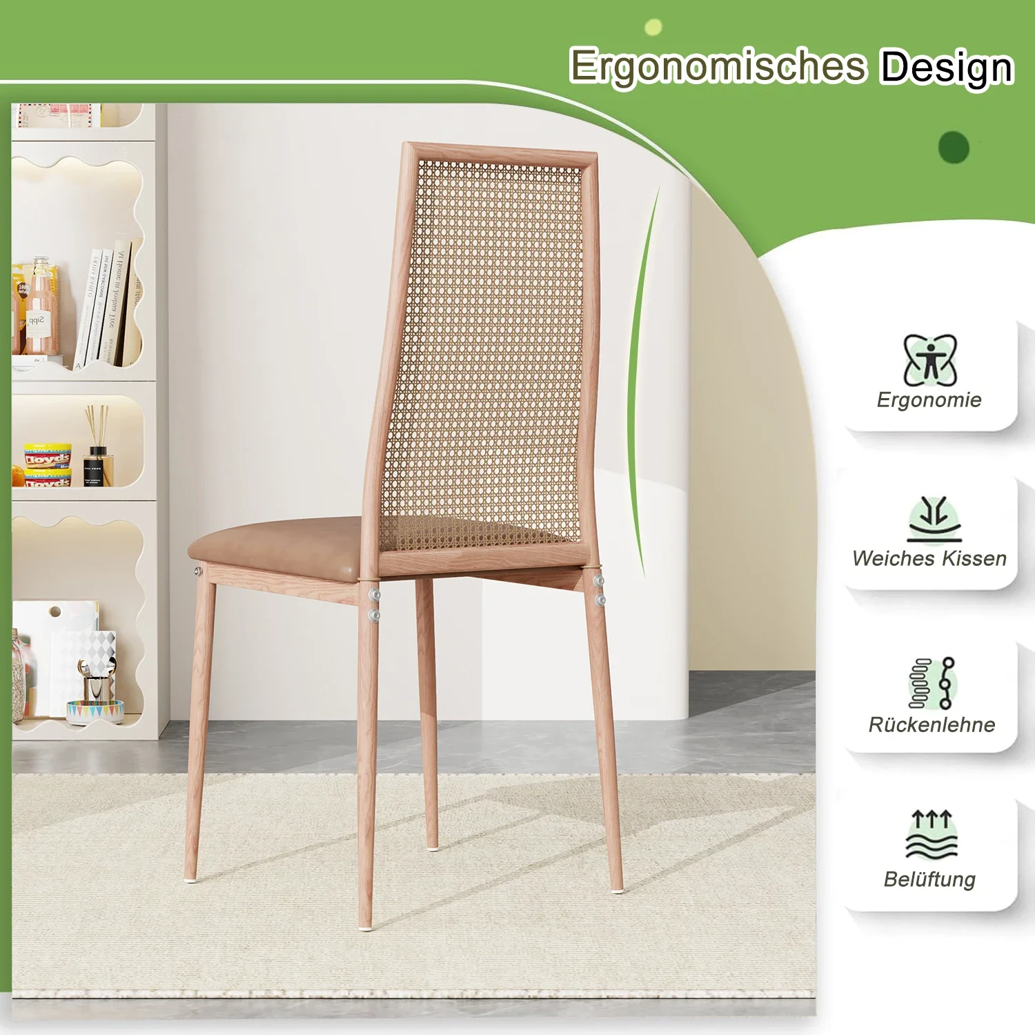 Comanlai PE Imitat-Rattan Esszimmerstühle, 2 Stück PU-Polsterstühle mit Metallbeinen, Esszimmermöbel – Detail 5