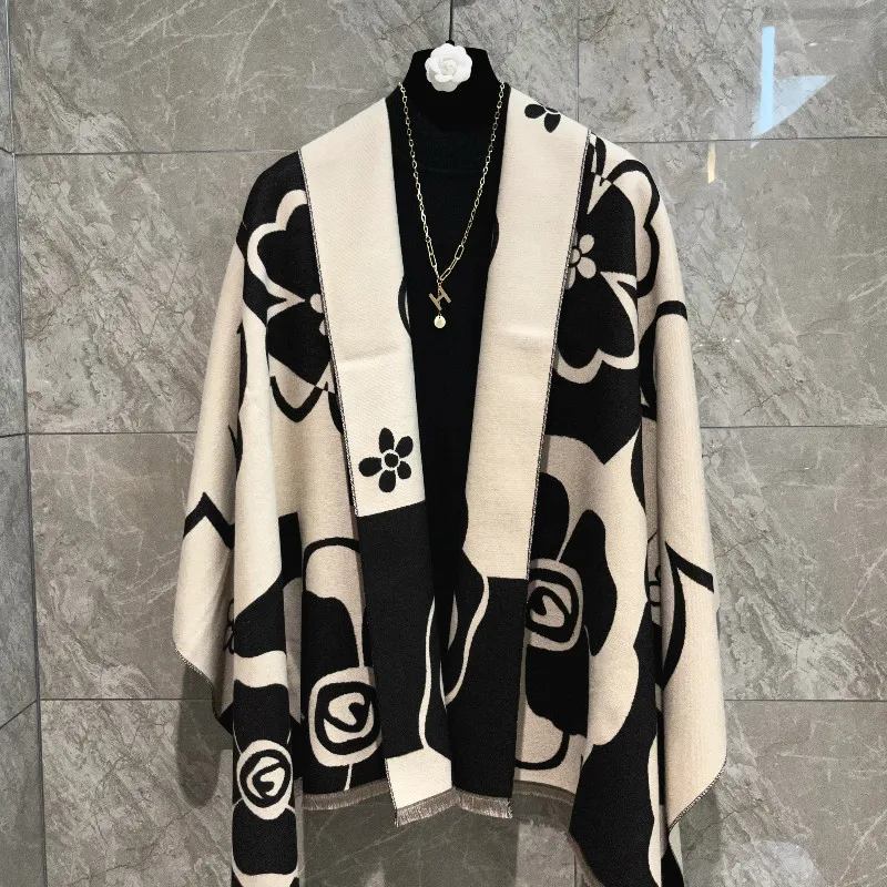 Elegant Camellia Black and White Shawl - Breathable and Warm Polyester Women's Scarf | Perfect for Spring and Fall Fashion 3