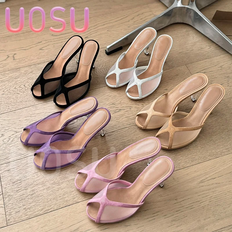 Luxury Women Sandals Designer Mesh Embroidery Fish Mouth Transparent Fine Heel Ladies Slippers Minimalist  Leaky Toe Dress Shoes