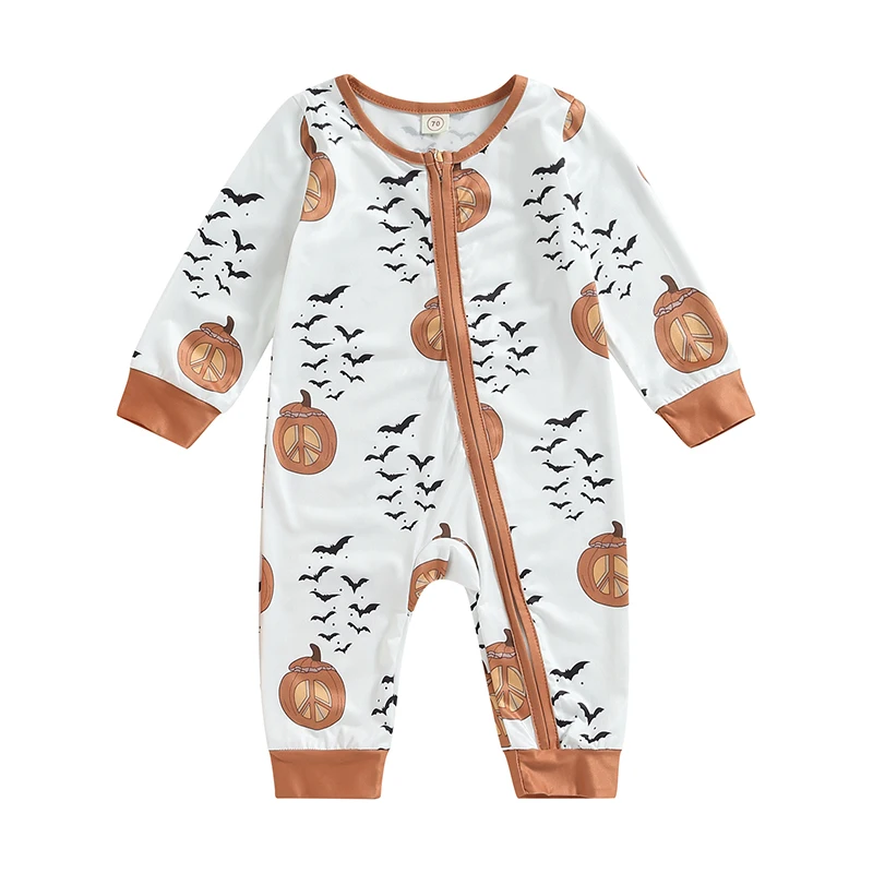 

ZZLBUF Infant Baby Girls Halloween Romper Long Sleeve Cartoon Print Full Zip Jumpsuit Newborn Fall Outfit