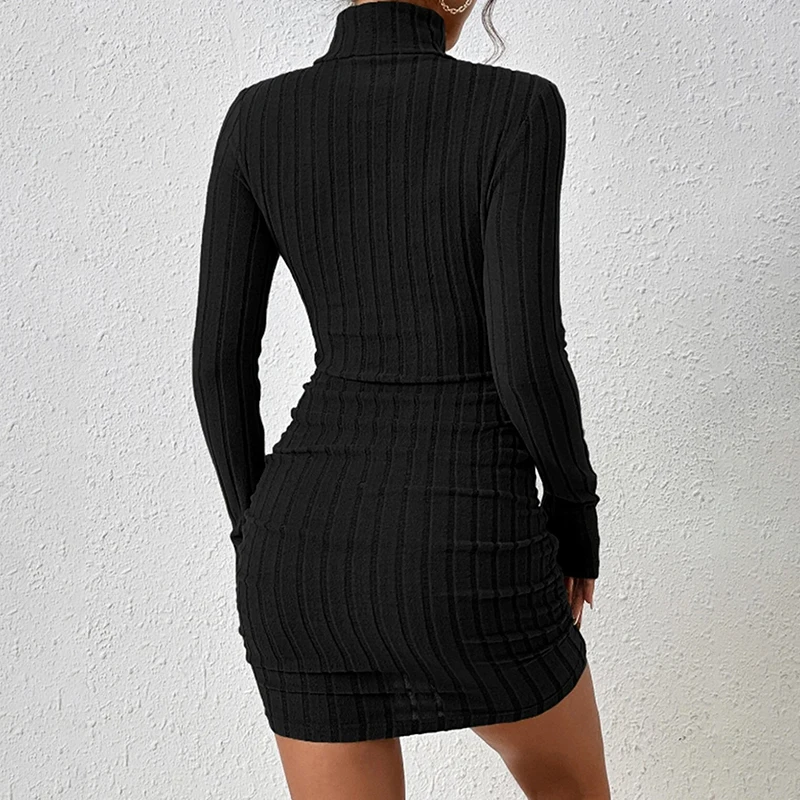 New Solid Dresses Autumn Winter Women Long Sleeves Turtleneck Sexy Bodycon Sheath Mini Dress Club Elegant Party Knitted Dresses 5