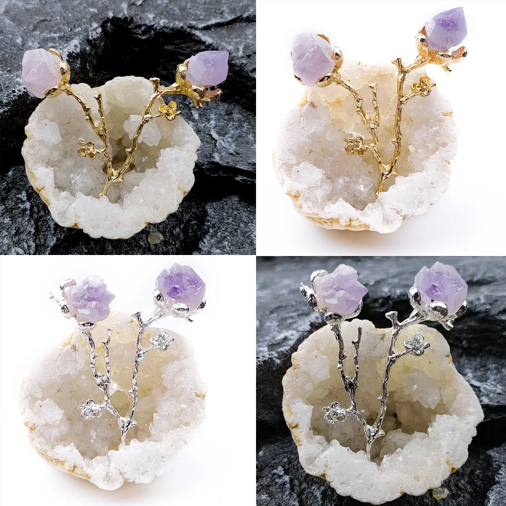 

Natural Agate Geode Flower Branch Inlaid With Amethyst Yellow Crystal Tourmaline Small Raw Stone Ornament Soft Decoration Crafts