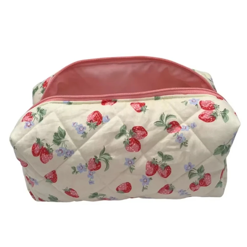 1PC Floral Puffy Quilted Makeup Bag Cosmetic Pouch Flower Strawberry Printed Large Travel Cosmetic Storage Organizer Bag Purse