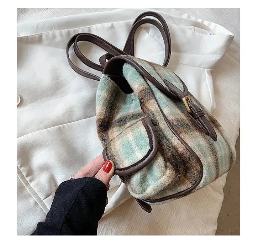New Fashion Designer Double Root College Student Backpack 2023 Winter Woolen Lattice Small Backpack Female Girl Shoulder Bag