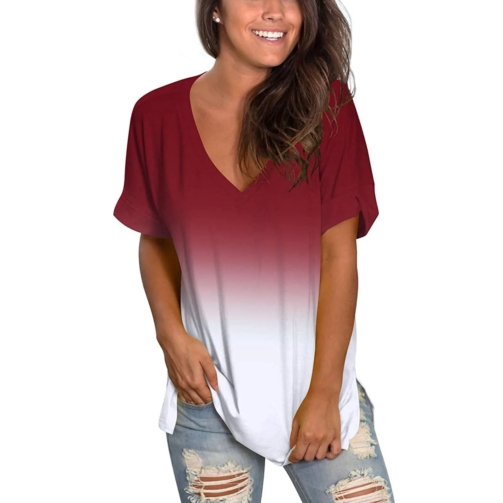 

Fashion V-neck Women's T-shirt Summer Outdoor Trend 3d Gradient Colour Print Crop Top New Casual Loose Plus Size Tees For Women