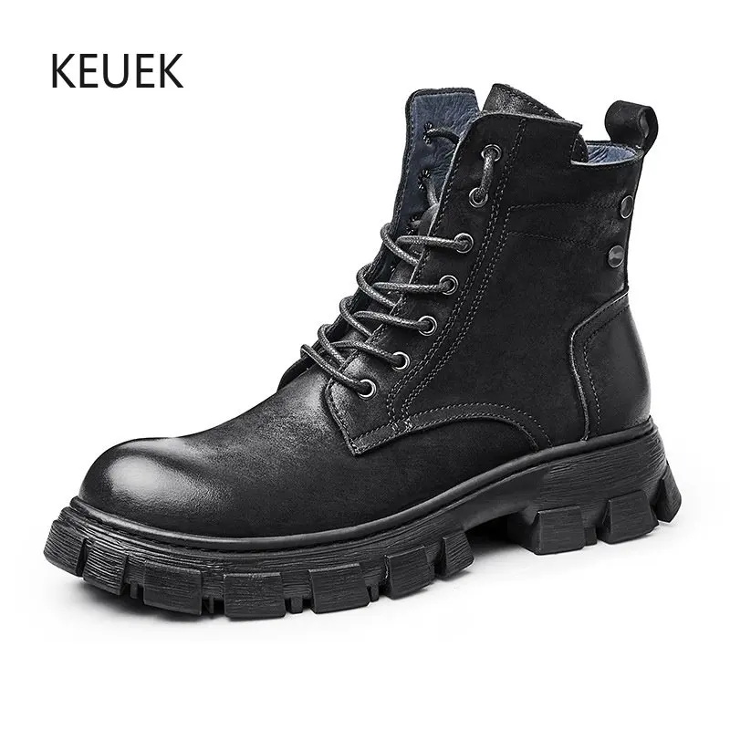 

New British Style High Top Round Toe Thick Bottom Motorcycle Boots Men Vintage Ankle Desert Chelsea Boots Male Work Shoes 5A