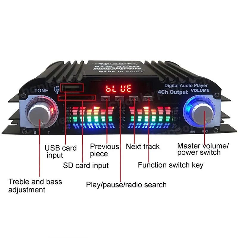 Audio Amplifier 4 Channel 1600W Peak Power Digital Bluetooth Karaoke Player FM Radio Remote Control