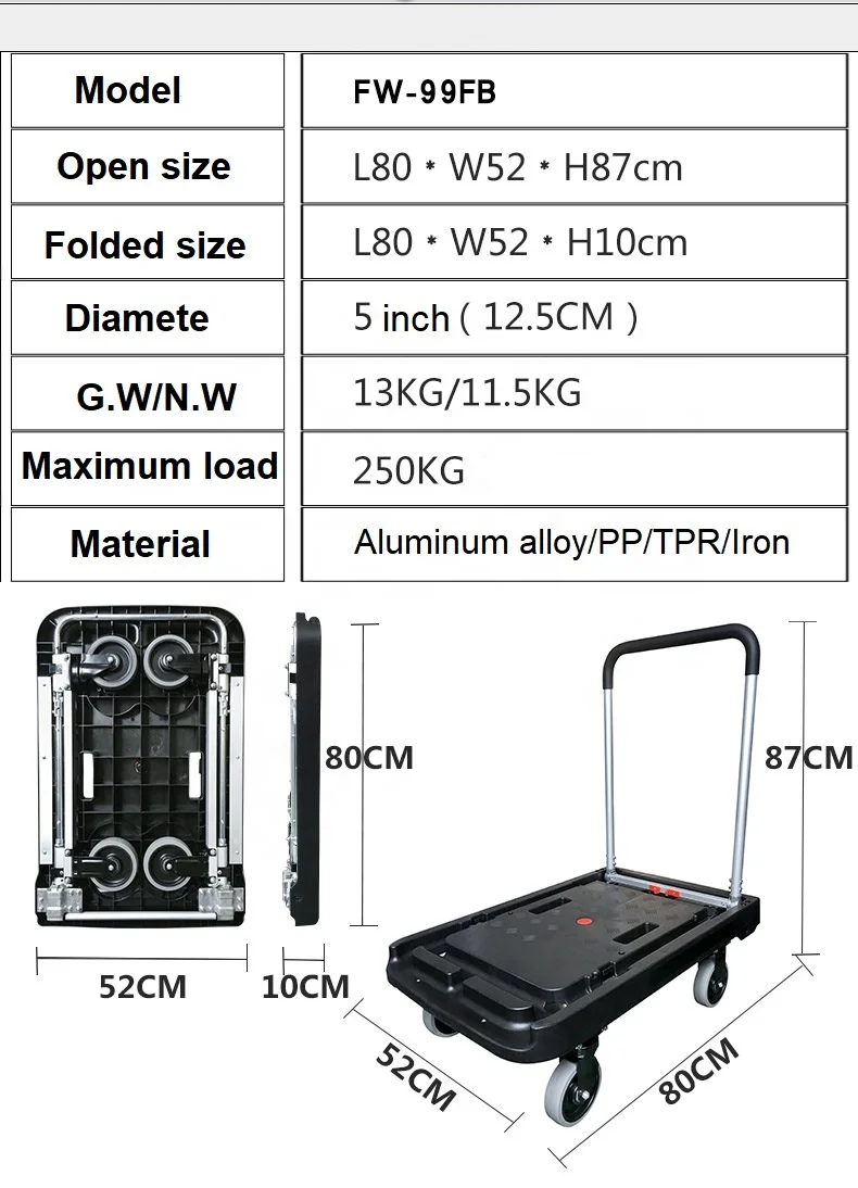 Új Design foldable 250kg Alumínium Plató kezét Kézikocsi wheels számára Poggyász transzfer