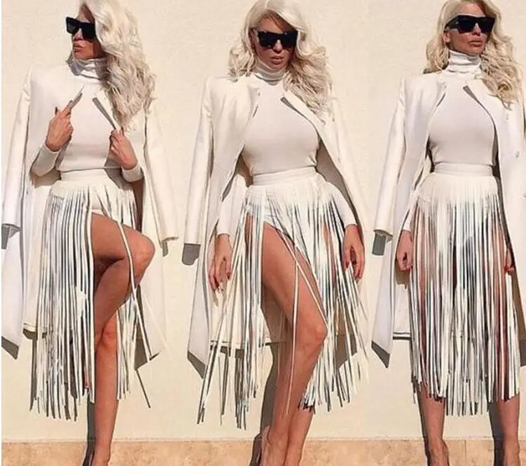 Holographic Rave Festival Belt Fringe Skirt Black Faux Leather Fringe Long Skirt