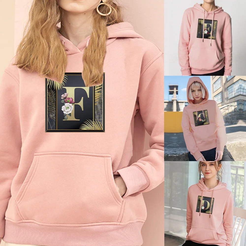 

New Fashion pink Women's Hoodie Loose Pocket Sweatshirt Golden Letter Series Printed Pattern Casual Hip Hop Hoodie Sweatshirt