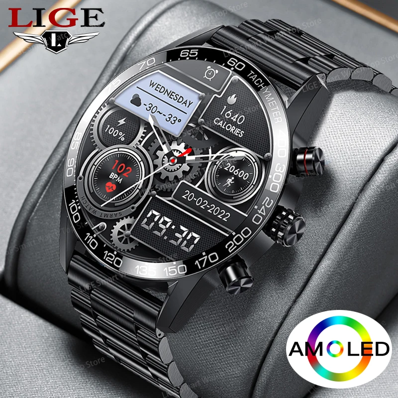 

Lige Bluetooth Calling Smartwatch Rechargeable Watch For Men Smart Watch AMOLED HD Screen Fashion Business Clock New Smartband