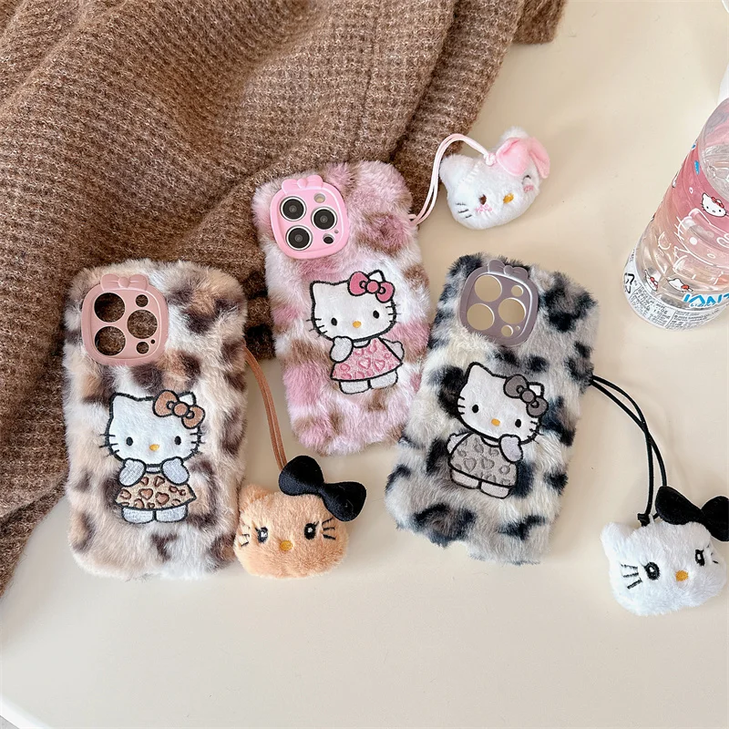 Luxury Furry Hello Kitty iPhone 15 Pro Max Case with Wrist Strap