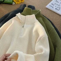 Retro Japanese Long Sleeve Lazy Style Hooded Half Zip Sweater Men's Autumn Winter Solid Color Versatile Simple Knitted Shirt