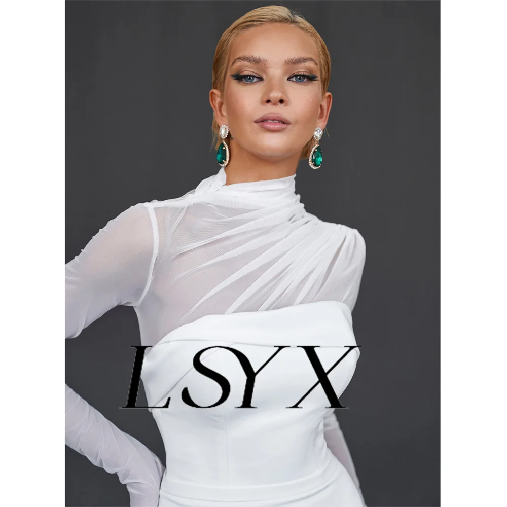 Фото Женское Плиссированное свадебное платье LSYX, с высоким воротником и длинным рукавом, с юбкой годе, с молнией на спине и шлейфом, свадебное платье №4