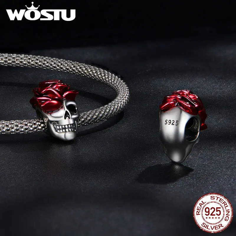 WOSTU 925 Sterling Silver Halloween Collection Red Rose Flower Skull Charms Black CZ Witch Bat Bead fit DIY Bracelet Bangle Punk 5