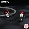 WOSTU 925 Sterling Silver Halloween Collection Red Rose Flower Skull Charms Black CZ Witch Bat Bead fit DIY Bracelet Bangle Punk 5