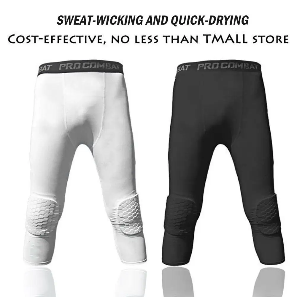 Men's Safety Anti-Collision Pants Basketball Training 3/4 Tights Leggings With Knee Pads Protector Sports Compression Trousers sports leggings,compression pants