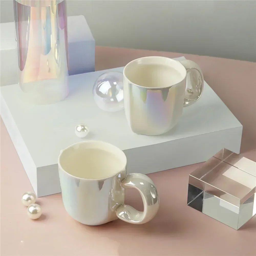 

White Display Nordic Cute Gradient Rainbow Pearlescent Luxury Ceramic Mug Coffee Tea Cups With Exquisite Box For Women Men Gift