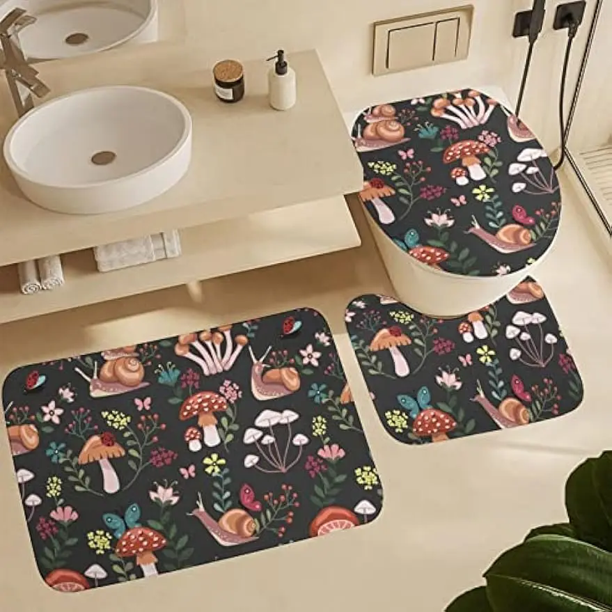 Mushroom Bath Mat Set, Bathroom Rugs for 3 Pieces, Toilet Mats, Soft Comfortable, Water Absorption, Non-Slip, Easier to Dry