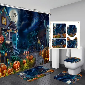 Halloween Shower Curtain Set 4PCS with Toilet Lid Cover Bath Area Mat Toilet Lid Cover Haunted House Horror Bathroom Decor 1