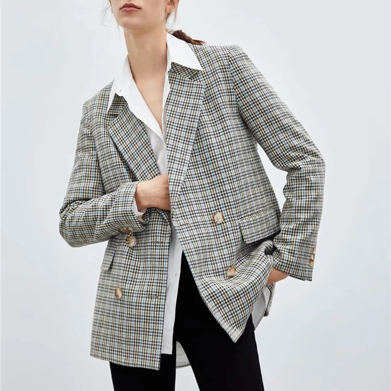 Vintage Contrast Color Plaid Blazer Suit Office Lady Fashion Double Breasted Mid Length Commute Blazer Women 2021 Formal Clothes