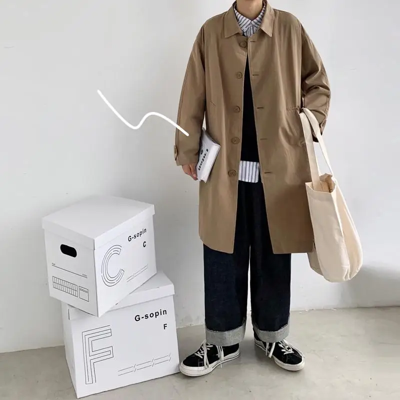 Men's Wear Autumn Fashion New Single Breasted Trench Clothes Male Long Coat Loose Overcoat Trend Handsome Casual Windbreak