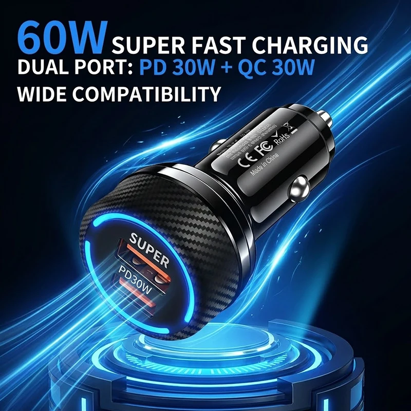 차량용 60W 초고속 충전기 PD30W 타입 C QC USB A 듀얼 포트 어댑터..