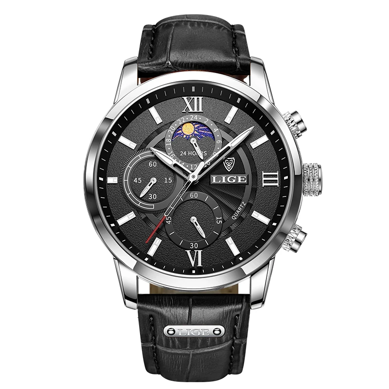 LIGE Luxury Men's Waterproof Luminous Leather Quartz Wristwatch