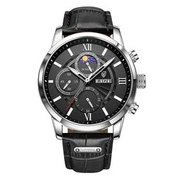 LIGE Luxury Men's Waterproof Luminous Leather Quartz Wristwatch (Silver black)