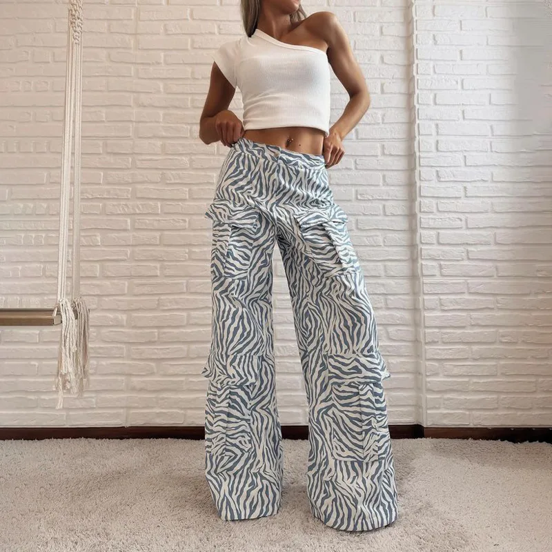 

2024 Zebra Pattern Design Sensory Woven Pants New Fashion Multiple Pockets Sense Design Slimming Straight Leg Casual Pants