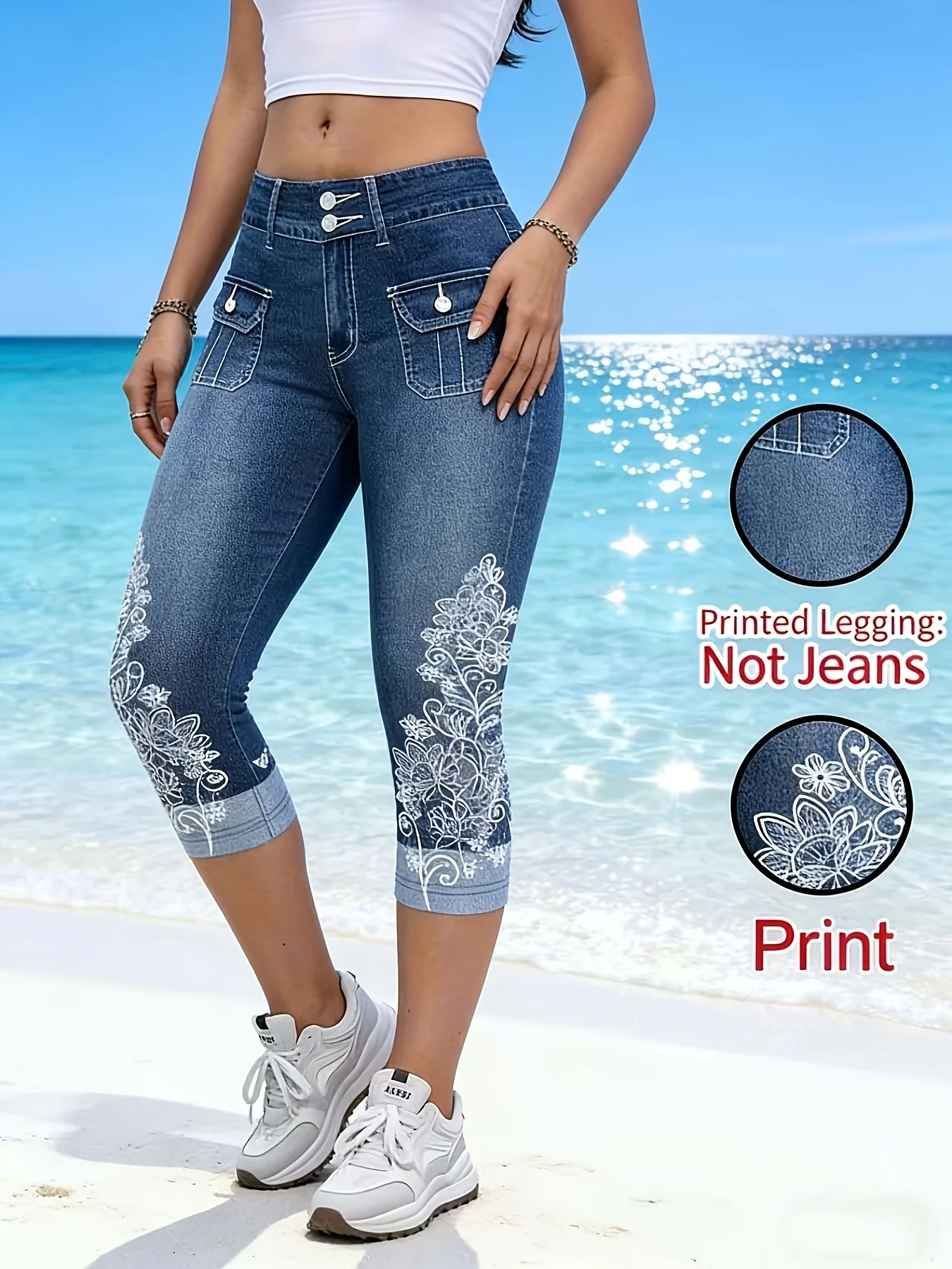 Women's Fashion Printed Faux Denim Capri Leggings, Blue Versatile High Elastic Casual Sports Cropped Pants 1