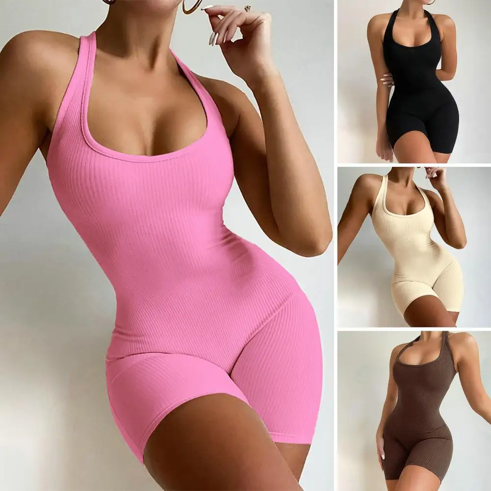 

U-Neck Sleeveless Racer Back Ribbed Yoga Jumpsuit Solid Color High Elastic Bodycon Jumpsuit Activity Streetwear Yoga Jumpsuits