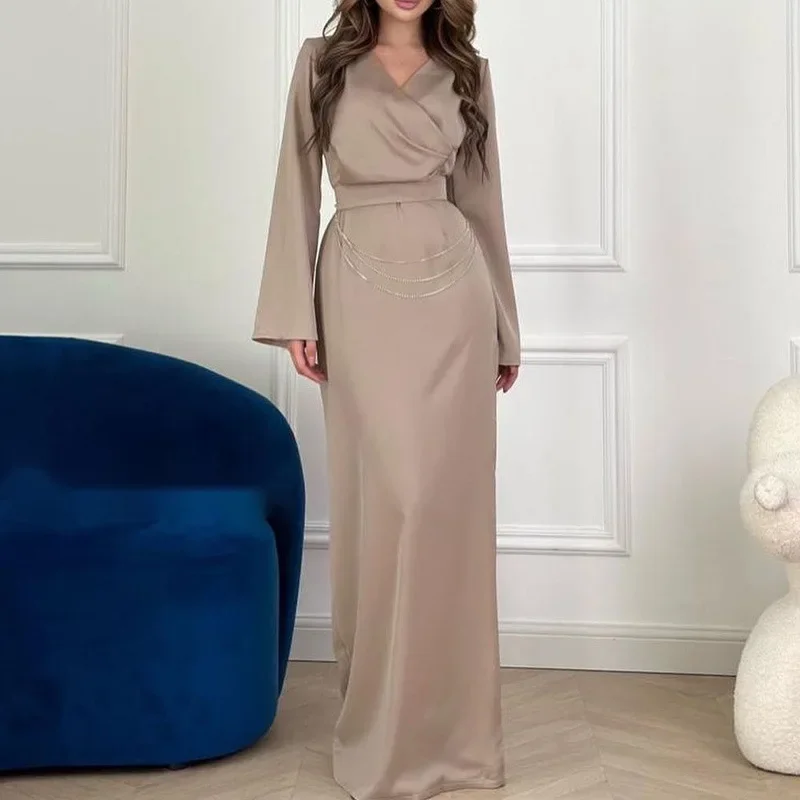 

Woman Long Sleeve Lace-up Fashion Party Dress High Waist Maxi Dresses for Women V-neck Summer Long Dress Women Clothing Vestidos