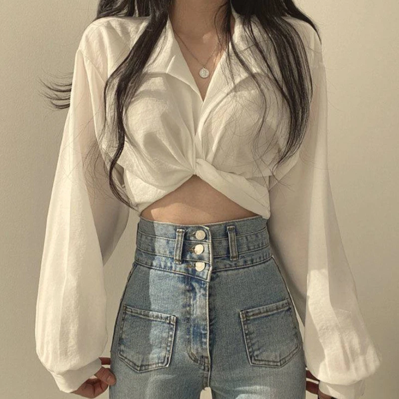 En Mooie Blouses Vrouwen Crop Tops 2022 Kleding Lange Mouwen Turn Down Crop Top Y2k Kleding| | - AliExpress