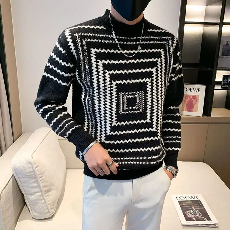 Men's Pullover Round Neck Sweater New 2023 Autumn Winter Handsome Printed Checkered Solid Color Long Sleeved Knitted Bottom Tops