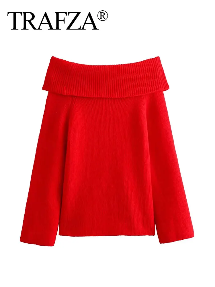 TRAFZA Women Fashion Solid Off Shoulder Sweater Long Sleeve Knitted Pullover Sweater Autumn Female Casual Knitwear Chic Top 2