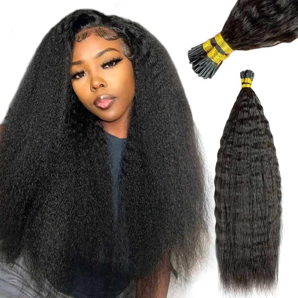 I Tip Hair Extensions Kinky Straight Human Hair Extensions Natural Black Color I Tip Human 50 Strands/Pack