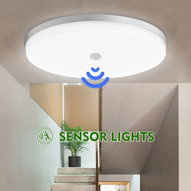 Plafonnier LED en Bois avec Détecteur de Mouvement Intérieur 12W Lampes de  Plafond en Moderne Rond Lumière de Plafond pour Hall Allée Garage Salle De